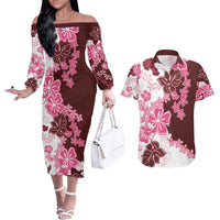 Pink Hibiscus Plumeria Floral Couples Matching Off The Shoulder Long Sleeve Dress and Hawaiian Shirt - Polynesian Pride