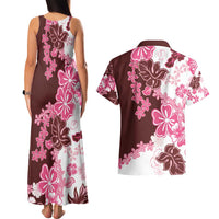 Pink Hibiscus Plumeria Floral Couples Matching Tank Maxi Dress and Hawaiian Shirt - Polynesian Pride