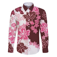 Pink Hibiscus Plumeria Floral Family Matching Off The Shoulder Long Sleeve Dress and Hawaiian Shirt - Polynesian Pride