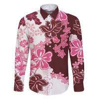 Pink Hibiscus Plumeria Floral Family Matching Short Sleeve Bodycon Dress and Hawaiian Shirt LT01 Dad's Shirt - Long Sleeve Pink - Polynesian Pride