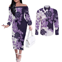 Purple Hibiscus Plumeria Floral Couples Matching Off The Shoulder Long Sleeve Dress and Long Sleeve Button Shirt - Polynesian Pride