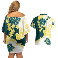 Yelow Teal Hibiscus Plumeria Floral Couples Matching Off Shoulder Short Dress and Hawaiian Shirt - Polynesian Pride