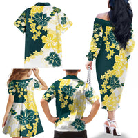 Yelow Teal Hibiscus Plumeria Floral Family Matching Off The Shoulder Long Sleeve Dress and Hawaiian Shirt - Polynesian Pride