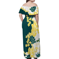 Yelow Teal Hibiscus Plumeria Floral Family Matching Off Shoulder Maxi Dress and Hawaiian Shirt - Polynesian Pride
