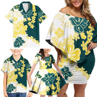 Yelow Teal Hibiscus Plumeria Floral Family Matching Off Shoulder Short Dress and Hawaiian Shirt - Polynesian Pride