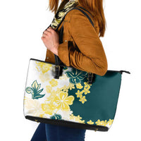 Yelow Teal Hibiscus Plumeria Floral Leather Tote Bag LT01 Yellow - Polynesian Pride