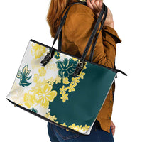 Yelow Teal Hibiscus Plumeria Floral Leather Tote Bag LT01 - Polynesian Pride
