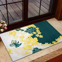 Yelow Teal Hibiscus Plumeria Floral Rubber Doormat - Polynesian Pride
