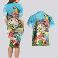 Personalized It's 5 o'clock Somewhere Couples Matching Long Sleeve Bodycon Dress and Hawaiian Shirt Hawaiian Tropical Parrots - Polynesian Pride