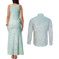 Polynesian Tiare Monstera Seafoam Green Couples Matching Tank Maxi Dress and Long Sleeve Button Shirt Liquid Style - Polynesian Pride