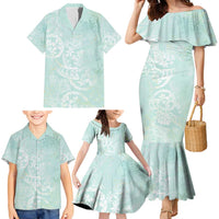 Polynesian Tiare Monstera Seafoam Green Family Matching Mermaid Dress and Hawaiian Shirt Liquid Style - Polynesian Pride