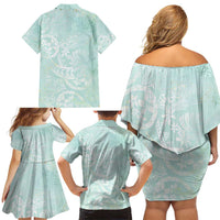 Polynesian Tiare Monstera Seafoam Green Family Matching Off Shoulder Short Dress and Hawaiian Shirt Liquid Style - Polynesian Pride