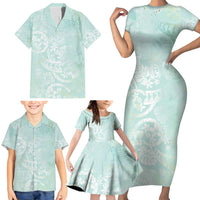 Polynesian Tiare Monstera Seafoam Green Family Matching Short Sleeve Bodycon Dress and Hawaiian Shirt Liquid Style - Polynesian Pride