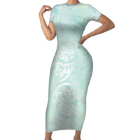 Polynesian Tiare Monstera Seafoam Green Family Matching Short Sleeve Bodycon Dress and Hawaiian Shirt Liquid Style - Polynesian Pride