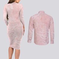 Polynesian Tiare Monstera Soft Pink Couples Matching Long Sleeve Bodycon Dress and Long Sleeve Button Shirt Liquid Style - Polynesian Pride