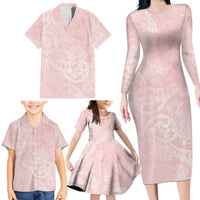 Polynesian Tiare Monstera Soft Pink Family Matching Long Sleeve Bodycon Dress and Hawaiian Shirt Liquid Style - Polynesian Pride