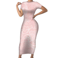 Polynesian Tiare Monstera Soft Pink Short Sleeve Bodycon Dress Liquid Style - Polynesian Pride