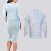 Polynesian Tiare Monstera Baby Blue Couples Matching Long Sleeve Bodycon Dress and Long Sleeve Button Shirt Liquid Style - Polynesian Pride