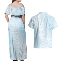 Polynesian Tiare Monstera Baby Blue Couples Matching Off Shoulder Maxi Dress and Hawaiian Shirt Liquid Style - Polynesian Pride