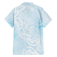 Polynesian Tiare Monstera Baby Blue Family Matching Off Shoulder Short Dress and Hawaiian Shirt Liquid Style - Polynesian Pride