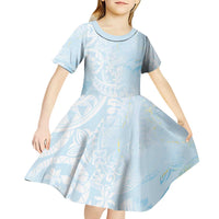 Polynesian Tiare Monstera Baby Blue Kid Short Sleeve Dress Liquid Style - Polynesian Pride