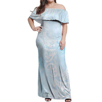 Polynesian Tiare Monstera Baby Blue Off Shoulder Maxi Dress Liquid Style - Polynesian Pride
