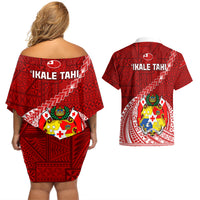 Tonga Rugby Couples Matching Off Shoulder Short Dress and Hawaiian Shirt Tongan Ngatu Pattern White Version LT01 - Polynesian Pride
