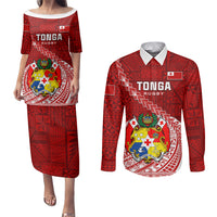 Tonga Rugby Couples Matching Puletasi Dress and Long Sleeve Button Shirts Tongan Ngatu Pattern White Version LT01 Red - Polynesian Pride