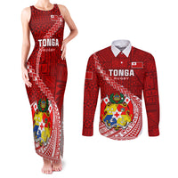 Tonga Rugby Couples Matching Tank Maxi Dress and Long Sleeve Button Shirts Tongan Ngatu Pattern White Version LT01 Red - Polynesian Pride