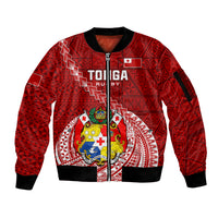 Tonga Rugby Sleeve Zip Bomber Jacket Tongan Ngatu Pattern White Version LT01 Unisex Red - Polynesian Pride