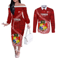 Custom Tonga Rugby Couples Matching Off The Shoulder Long Sleeve Dress and Long Sleeve Button Shirts Tongan Ngatu Pattern White Version LT01 Red - Polynesian Pride