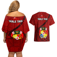 Tonga Rugby Couples Matching Off Shoulder Short Dress and Hawaiian Shirt Tongan Ngatu Pattern Black Version LT01 - Polynesian Pride
