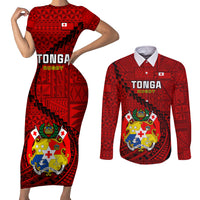 Tonga Rugby Couples Matching Short Sleeve Bodycon Dress and Long Sleeve Button Shirts Tongan Ngatu Pattern Black Version LT01 Red - Polynesian Pride