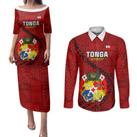 Custom Tonga Rugby Couples Matching Puletasi Dress and Long Sleeve Button Shirts Tongan Ngatu Pattern Black Version LT01 Red - Polynesian Pride