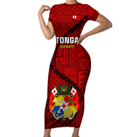 Custom Tonga Rugby Short Sleeve Bodycon Dress Tongan Ngatu Pattern Black Version LT01 Long Dress Red - Polynesian Pride