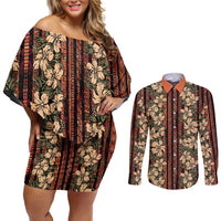 Hawaii Hibiscus Couples Matching Off Shoulder Short Dress and Long Sleeve Button Shirt Retro Style - Polynesian Pride