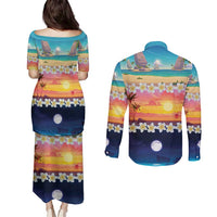 Hawaii Beach Landscape Time-Lapse Couples Matching Puletasi and Long Sleeve Button Shirt Tropical Plumeria Flowers - Polynesian Pride