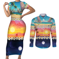 Hawaii Beach Landscape Time-Lapse Couples Matching Short Sleeve Bodycon Dress and Long Sleeve Button Shirt Tropical Plumeria Flowers - Polynesian Pride