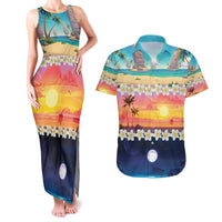 Hawaii Beach Landscape Time-Lapse Couples Matching Tank Maxi Dress and Hawaiian Shirt Tropical Plumeria Flowers - Polynesian Pride