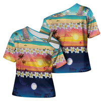 Hawaii Beach Landscape Time-Lapse Cross Shoulder Shirt Tropical Plumeria Flowers - Polynesian Pride