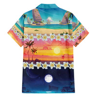 Hawaii Beach Landscape Time-Lapse Family Matching Off Shoulder Short Dress and Hawaiian Shirt Tropical Plumeria Flowers - Polynesian Pride