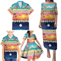 Hawaii Beach Landscape Time-Lapse Family Matching Puletasi and Hawaiian Shirt Tropical Plumeria Flowers - Polynesian Pride