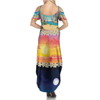 Hawaii Beach Landscape Time-Lapse Family Matching Summer Maxi Dress and Hawaiian Shirt Tropical Plumeria Flowers - Polynesian Pride