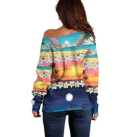 Hawaii Beach Landscape Time-Lapse Off Shoulder Sweater Tropical Plumeria Flowers - Polynesian Pride