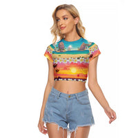 Hawaii Beach Landscape Time-Lapse Raglan Cropped T Shirt Tropical Plumeria Flowers - Polynesian Pride