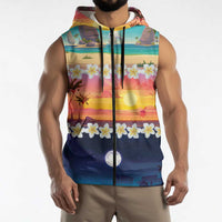 Hawaii Beach Landscape Time-Lapse Sleeveless Zip Hoodie Tropical Plumeria Flowers - Polynesian Pride