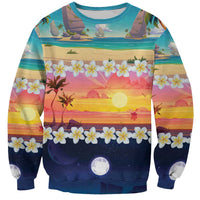 Hawaii Beach Landscape Time-Lapse Sweatshirt Tropical Plumeria Flowers - Polynesian Pride