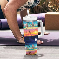 Hawaii Beach Landscape Time-Lapse Tumbler With Handle Tropical Plumeria Flowers - Polynesian Pride