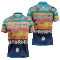 Hawaii Beach Landscape Time-Lapse Zipper Polo Shirt Tropical Plumeria Flowers - Polynesian Pride