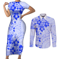 Fiji Masi With Hibiscus Tapa Tribal Couples Matching Short Sleeve Bodycon Dress and Long Sleeve Button Shirt Blue Pastel LT01 Blue - Polynesian Pride